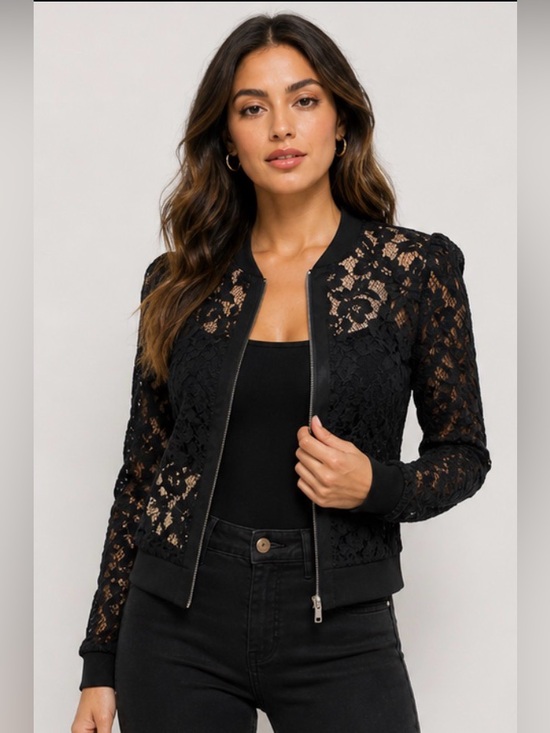 BCBGMaxAzria Jackets & Blazers - BCBG Max Azria Black Lace Jacket Zip Front Sheer Floral Overlay Medium